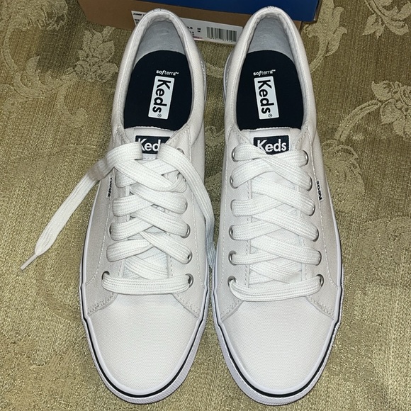 Keds Jump Kick Canvas White/Navy Stripe Women’s Tennis Shoes - Picture 3 of 5